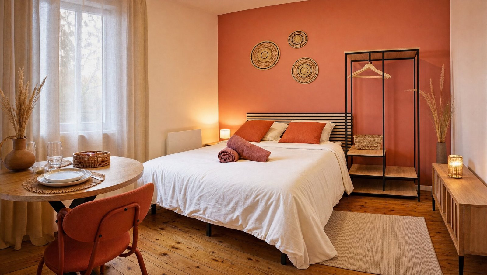 Chambre cosy au mur terracotta avec tête de lit en bois