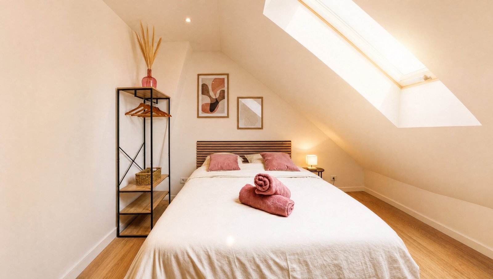 Chambre sous les combles baignée de lumière dorée